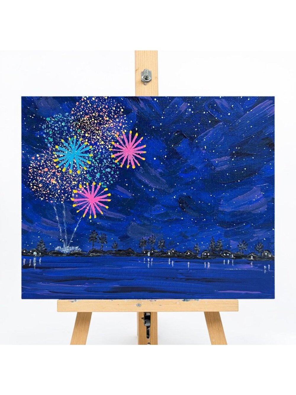 Celebrate 4 Fireworks Scene Acrylic Painting 8" X 10" Original Wall Art Unframed